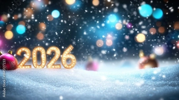 Fototapeta Celebratory winter landscape featuring sparkling lights and a new yearвЂ™s display