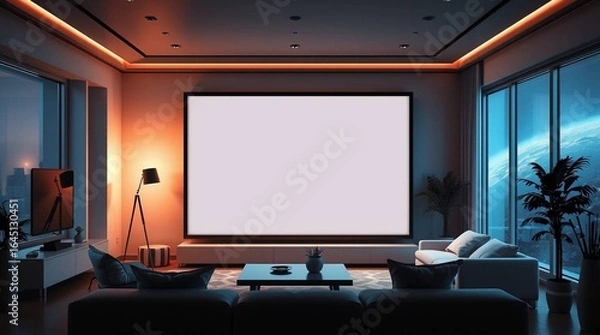 Fototapeta Modern Home Theater Living Room With Large Screen and City View