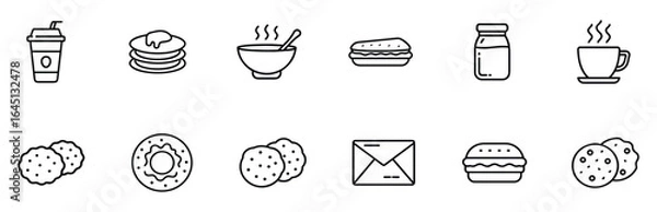 Fototapeta A set of outlined breakfast and snack icons including coffee, pancakes, soup, sandwich, milk, tea, cookies, donut, burger, and envelope design. Perfect for food-related graphics, menus, or websites.