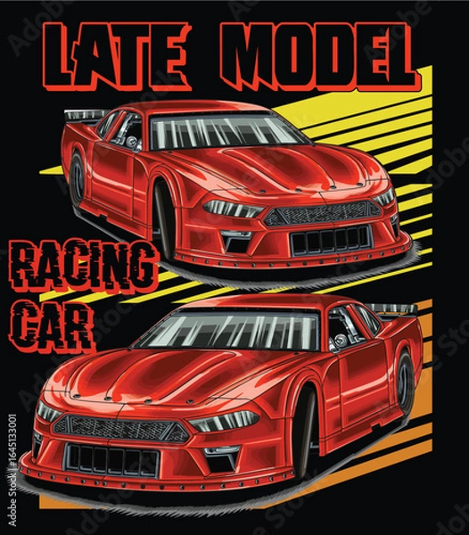 Fototapeta Red and painted racing car. Isolated in white background, for t-shirt design, print. and for business purposes.