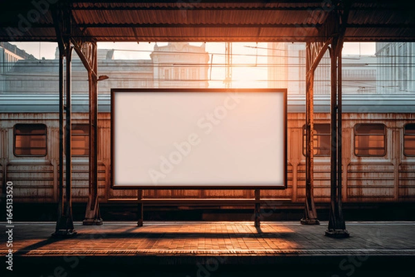Fototapeta Blank Billboard Display at Rustic Train Station Platform Sunset. Mock up promotion information for marketing announcements and details, blank white space.