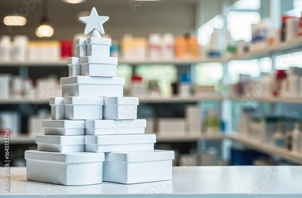 Fototapeta empty white boxes without labels stacked in the shape of a Christmas tree on a blurred background with medical supplies in a pharmacy. free space for text