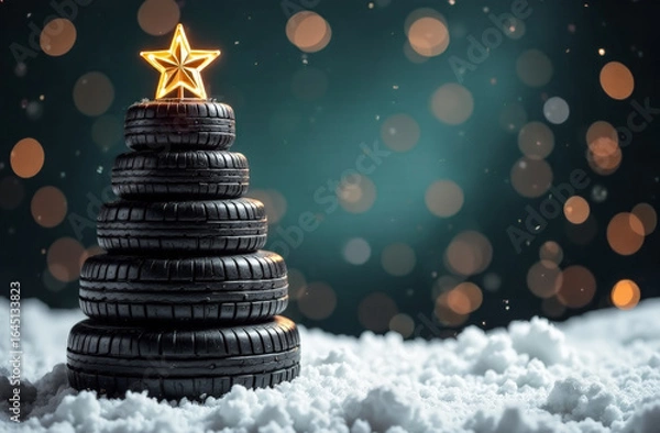 Fototapeta Christmas tree made of car tires on a blurry background with yellow lights. Christmas greeting card from a car repair shop. free space for text