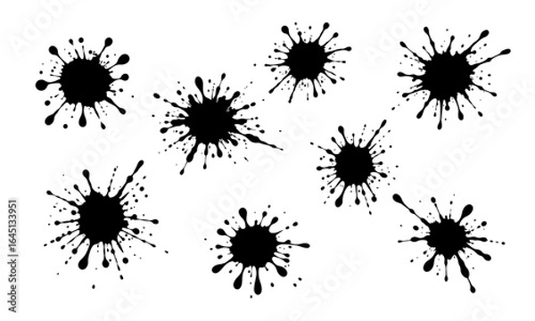 Fototapeta Set of blots, ink splashes. Abstract blot, liquid paint, blotter stains, drip splash, spray. Black drops of paint, oil, ink. Vector liquid silhouettes
