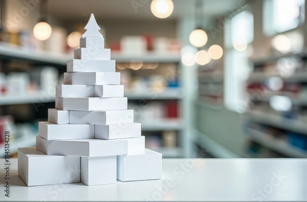 Fototapeta empty white boxes without labels stacked in the shape of a Christmas tree on a blurred background with medical supplies in a pharmacy. free space for text