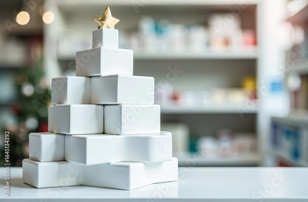 Fototapeta empty white boxes without labels stacked in the shape of a Christmas tree on a blurred background with medical supplies in a pharmacy. free space for text