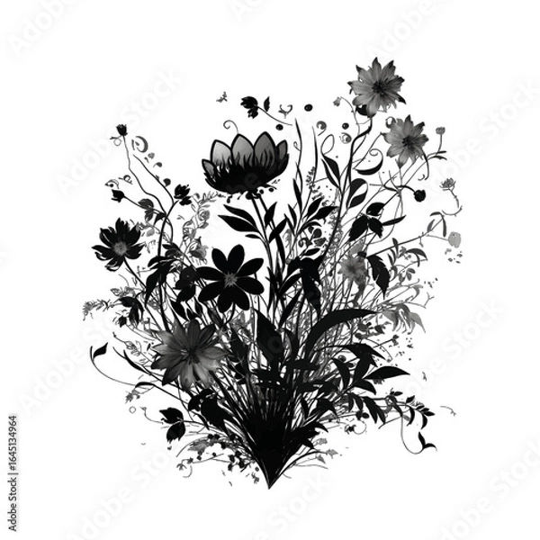 Obraz Black silhouette of a flower bouquet on white background.
