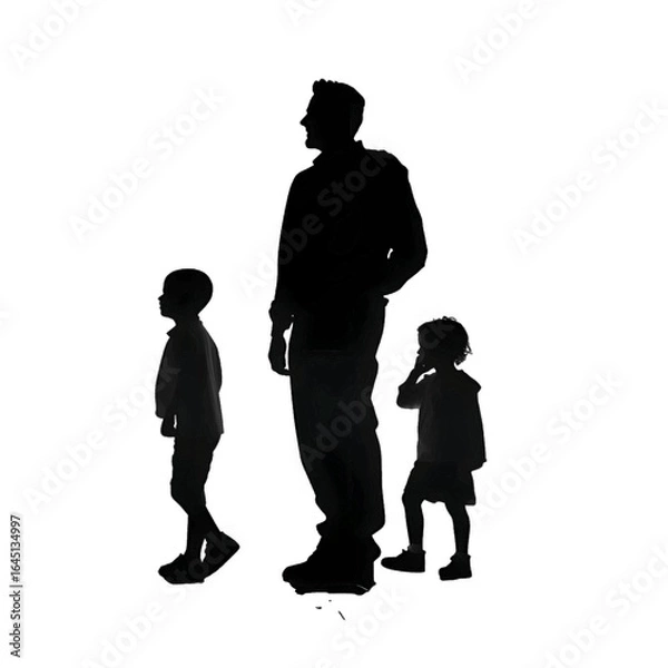 Obraz Black silhouette of father with son and daughter on white background.