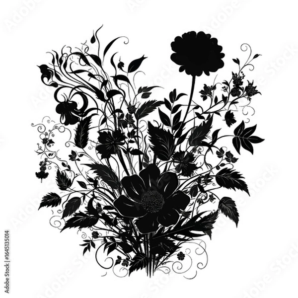 Obraz Black silhouette of a flower bouquet on white background.