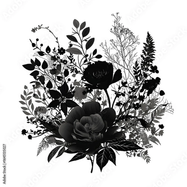 Obraz Black silhouette of a flower bouquet on white background.