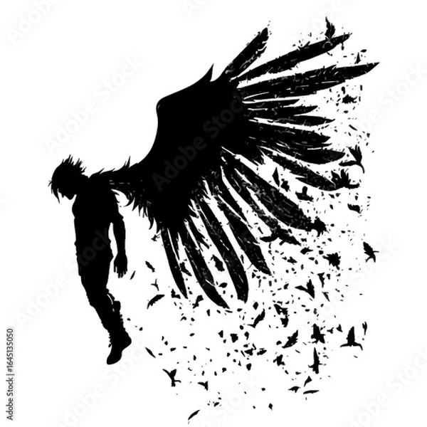 Obraz Black silhouette of a person with wings on white background.