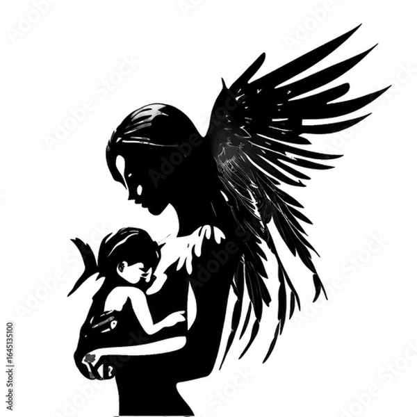 Obraz Vector illustration of a woman and baby in black silhouette against a clean white background, capturing graceful forms.