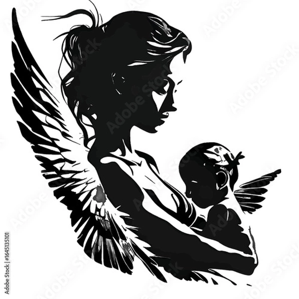 Obraz Vector illustration of a woman and baby in black silhouette against a clean white background, capturing graceful forms.