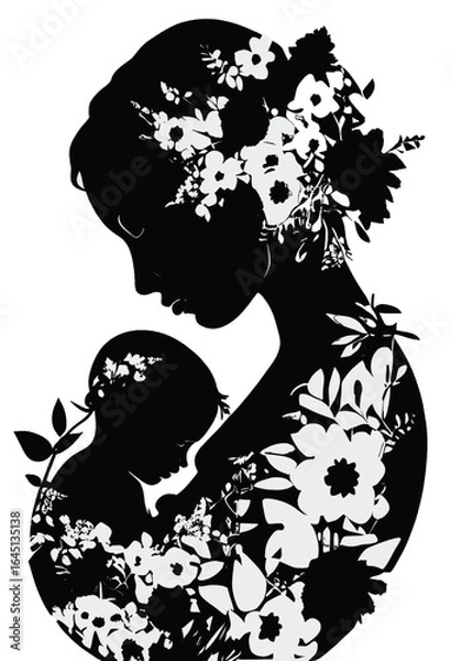 Fototapeta Vector illustration of a woman and baby in black silhouette against a clean white background, capturing graceful forms.