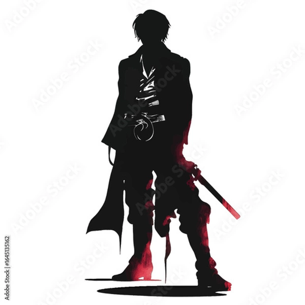 Fototapeta Black silhouette of a man with a sword on white background.