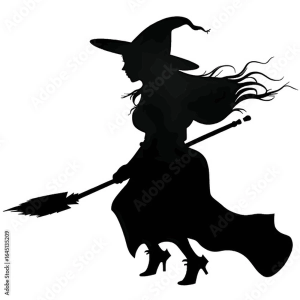 Obraz Black silhouette of a young witch on white background.