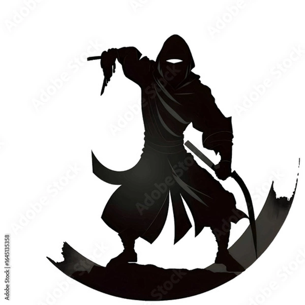 Obraz Black silhouette of samurai in a circle on white background.
