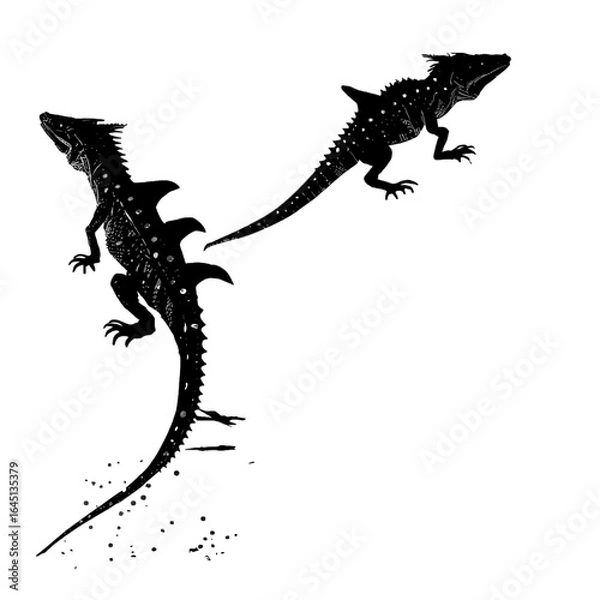 Obraz Black silhouette of lizards on white background.