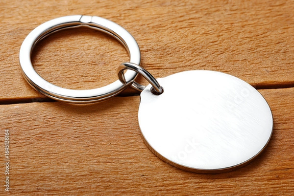 Fototapeta Round Silver Keychain on Wood Background with Metallic Ring. Mock up promotion information for marketing announcements and details, blank white space.