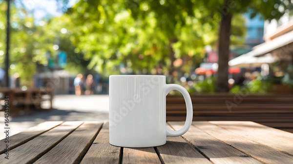 Fototapeta White Ceramic Mug on Rustic Wooden Table in Outdoor Cafe. Mock up promotion information for marketing announcements and details, blank white space.