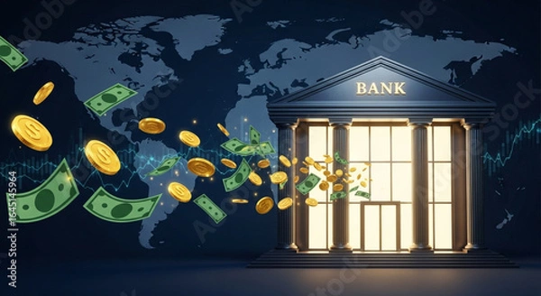 Fototapeta Global banking and finance concept with money flowing into bank buildings worldwide