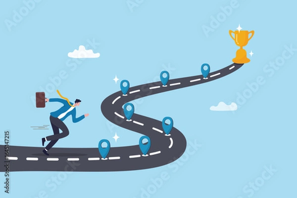 Fototapeta Roadmap to future success, career journey or business plan to reach target, achievement or step to develop and ambition achieve goal, businessman running on business roadmap to reach success trophy.