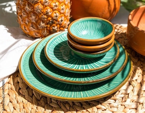 Fototapeta 햇살 아래 에메랄드 도자기 식기 세트 Sunlit Turquoise Ceramic Dinnerware Set
