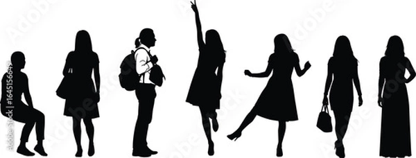 Fototapeta PrintHuman silhouettes, standing pose, sitting figure, fashion style, diverse people, black vector, creative design, movement illustration, interaction concept, visual storytelling, Adobe Stock