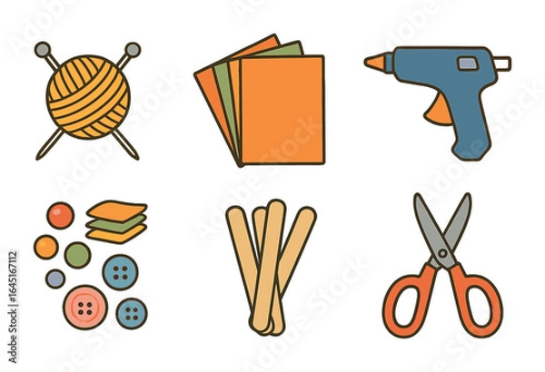 Fototapeta Family Craft Icons. Flat vector mini-illustrations family craft day in colors children's illustrations: yarn,