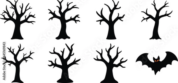 Obraz Vector art of set of spooky bare trees and a bat silhouette for halloween