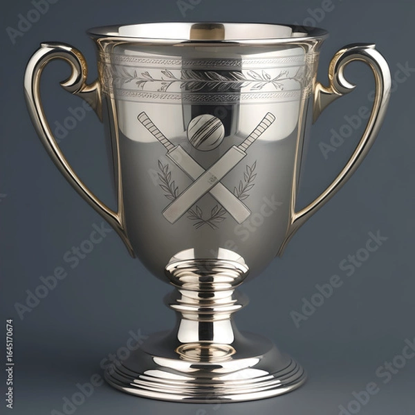 Fototapeta The cup body often has engravings, patterns, or embossed cricket-related motifs like bats, balls, stumps, or laurels.