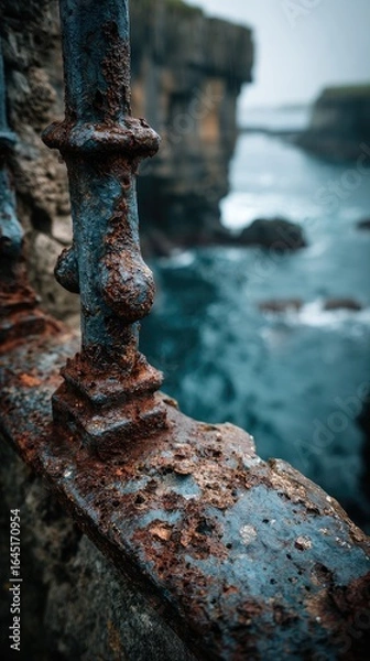Obraz Weathered metal railing on cliff edge overlooking churning sea