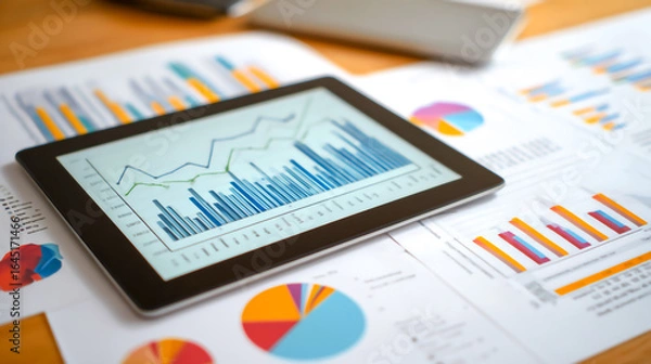 Obraz Digital financial graph on tablet displays business growth analysis. Printed quarterly reports alongside. Comparative analysis clear