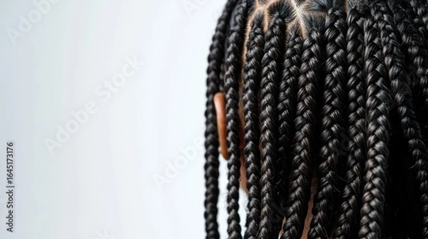 Obraz A close-up of tightly woven black braids against a plain white background. The texture is intricate and uniform, highlighting the skillful craftsmanship of the braiding technique.