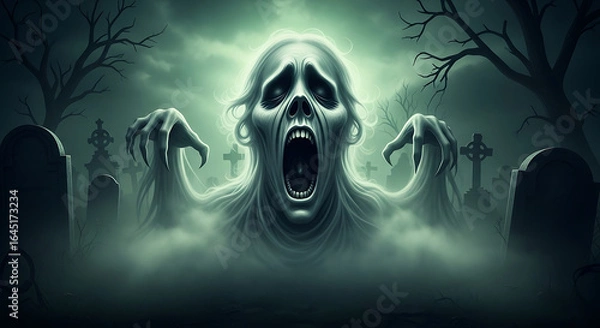 Fototapeta Ghostly figure screaming in a cemetery