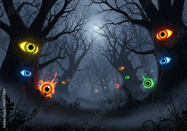 Fototapeta Spooky forest with glowing eyes on trees and in the fog