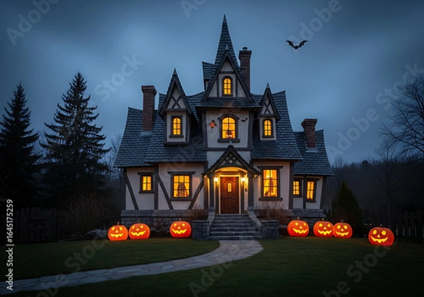 Fototapeta Halloween decorated house with jack-o'-lanterns and bat silhouette