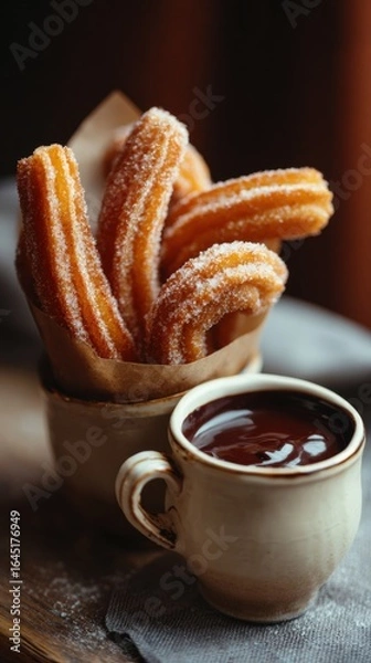 Obraz Warm Crispy Churros with Chocolate Dip Delight