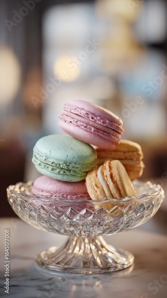 Obraz Parisian Pastel Macarons in Elegant Crystal Plate