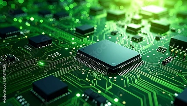 Fototapeta Electronic circuit board featuring integrated circuits and vibrant green pathways