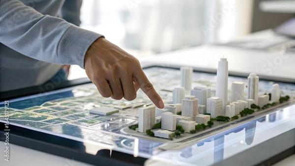 Fototapeta Geospatial Analytics A person points at a modern city architectural model displayed on a digital touchscreen table.