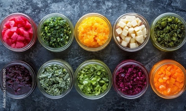 Fototapeta Vibrant collection of assorted fermented foods displayed in clear glass jars, featuring a colorful array of textures and hues from vegetables and fruits. The image highlights the health, Generative AI