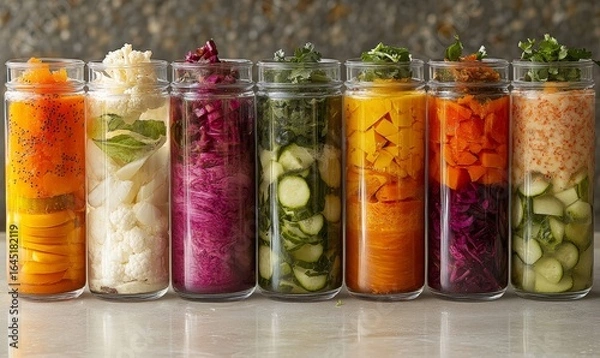 Obraz Vibrant collection of assorted fermented foods displayed in clear glass jars, featuring a colorful array of textures and hues from vegetables and fruits. The image highlights the health, Generative AI