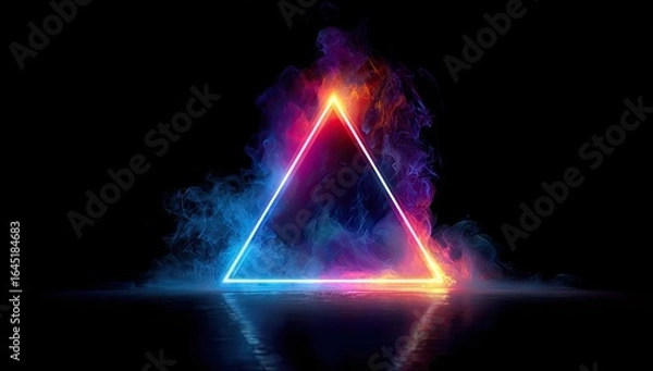 Fototapeta Neon triangle frame, vibrant colors, smoke, abstract