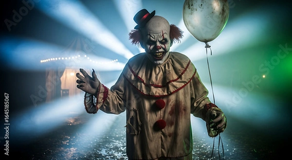 Fototapeta Scary clown with balloon in halloween setting