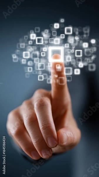 Fototapeta Manually pressing a virtual interface button on a blurred background