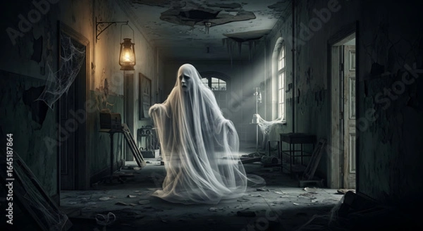 Fototapeta Ghostly figure in a dilapidated hallway