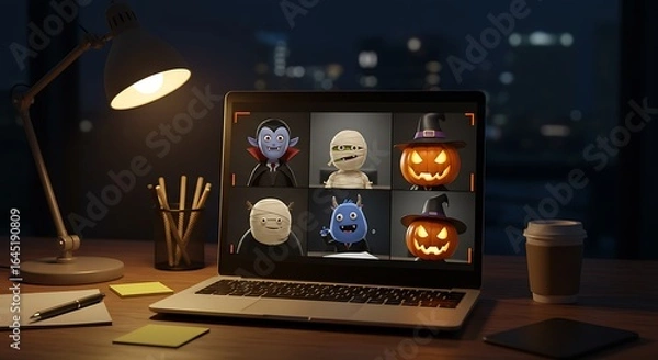 Fototapeta Open laptop on a work desk at night; video grid shows friendly cartoony monsters (vampire, mummy, witch, pumpkin head) in a corporate meeting