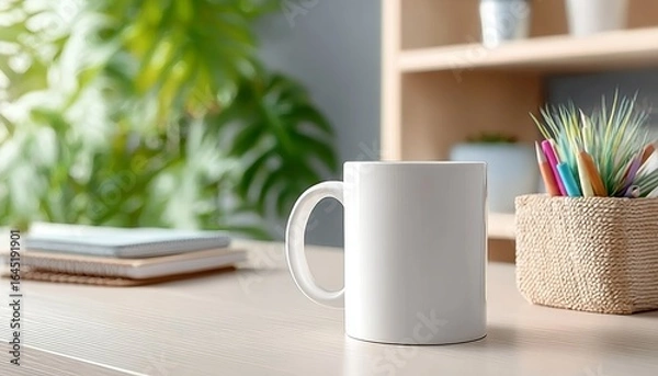 Fototapeta White Ceramic Coffee Mug Resting on a Soft Desk Surrounded by Office Decor and Green Plant Life