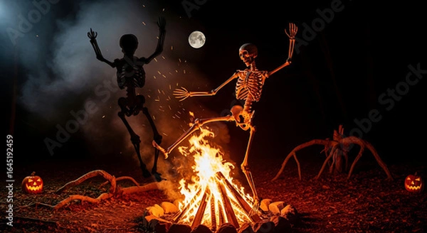 Fototapeta Halloween night scene with dancing skeletons around a bonfire